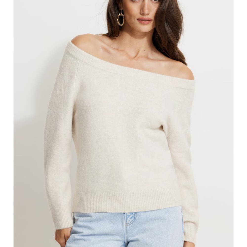 Cream off the shoulder sweater. Soft warm classic sweater. Chic. Easy to style